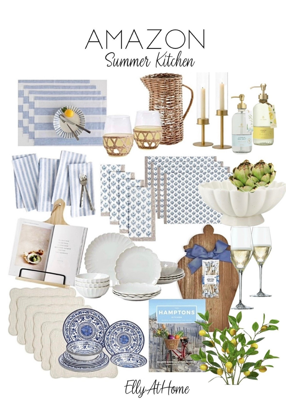 Amazon home summer kitchen refresh! Blue and white table lines, rattan pitcher and glassware, wood board, dinnerware, faux lemon stems, hand soap, bowl, faux artichokes, Hamptons recipe book, book stand. Summer home decor accessories. 

#LTKHome #LTKFindsUnder50 #LTKSaleAlert