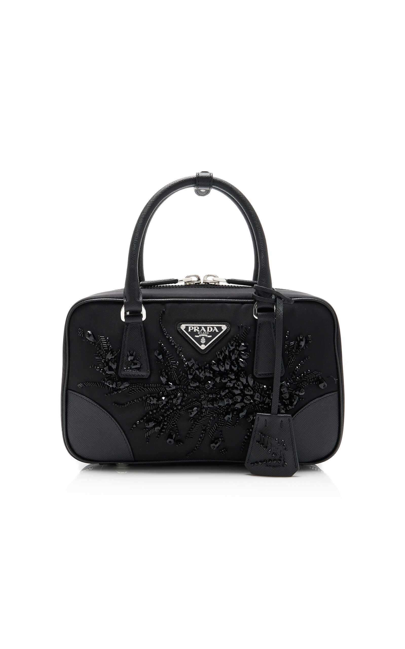Prada Embroidered Nylon-Leather Top Handle Bag - Moda Operandi | Moda Operandi (Global)