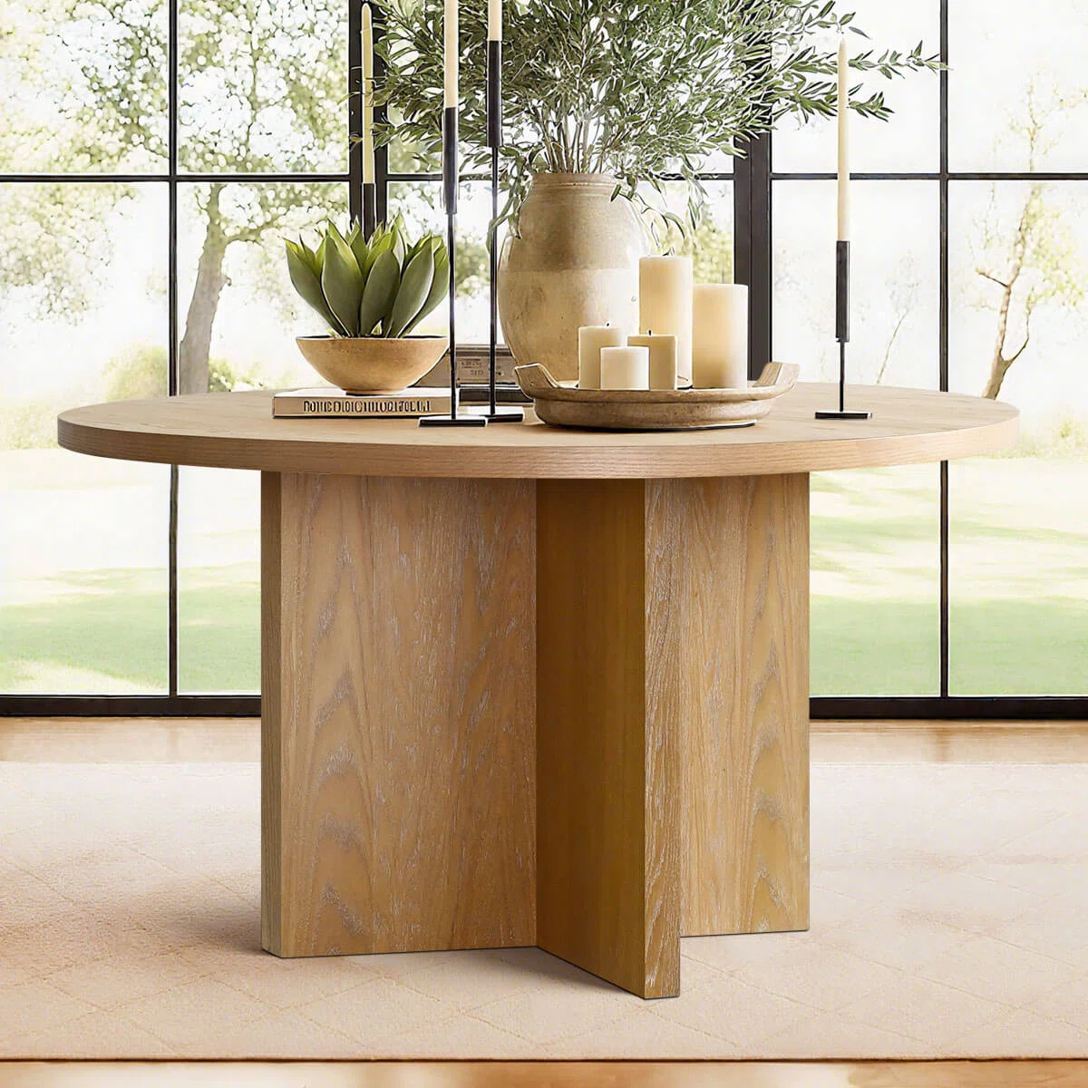 52 Inch White Oak Veneer Round Pedestal Dining Table | Wayfair North America