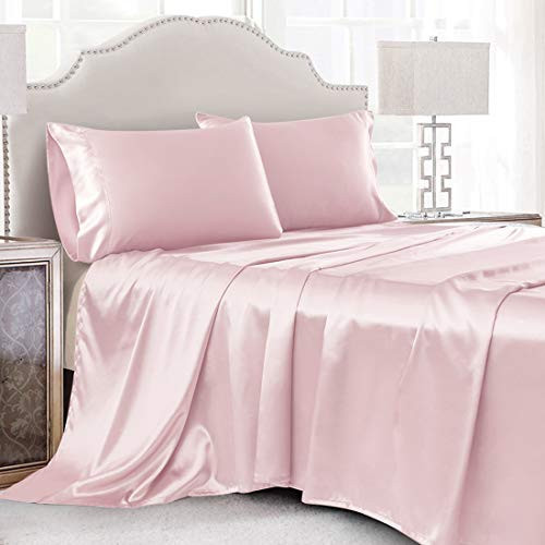 Cobedzy 4 Pcs Blush Pink Satin Sheets Full Size Silky Satin Bedding Sheets Set with 1 Deep Pocket Fitted Sheet, 1 Flat Sheet, 2 Pillowcase | Amazon (US)