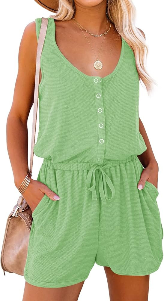 Mafulus Womens Summer Scoop Neck Button Down Sleeveless Jumpsuit Rompers Adjustable Waist Short w... | Amazon (US)