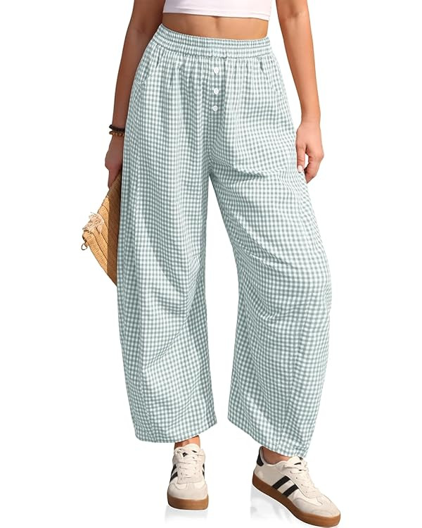 TARSE Gingham Pants Women Barrel Loose Wide Leg Checkered Casual Linen Plaid Trousers with Pocket... | Amazon (US)