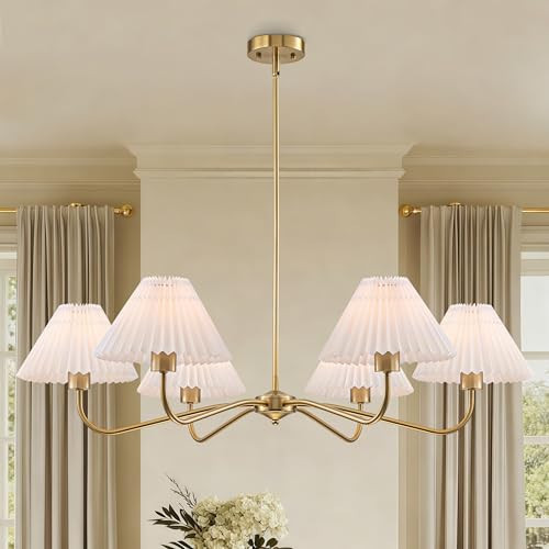 TinHon 35.8" Gold Chandeliers for Dining Room, 6-Light Modern Chandelier with White Pleated Shades Over Table, Antique Brass Pendant Light for Kitchen Island Living Room Entryway, E26 | Amazon (US)