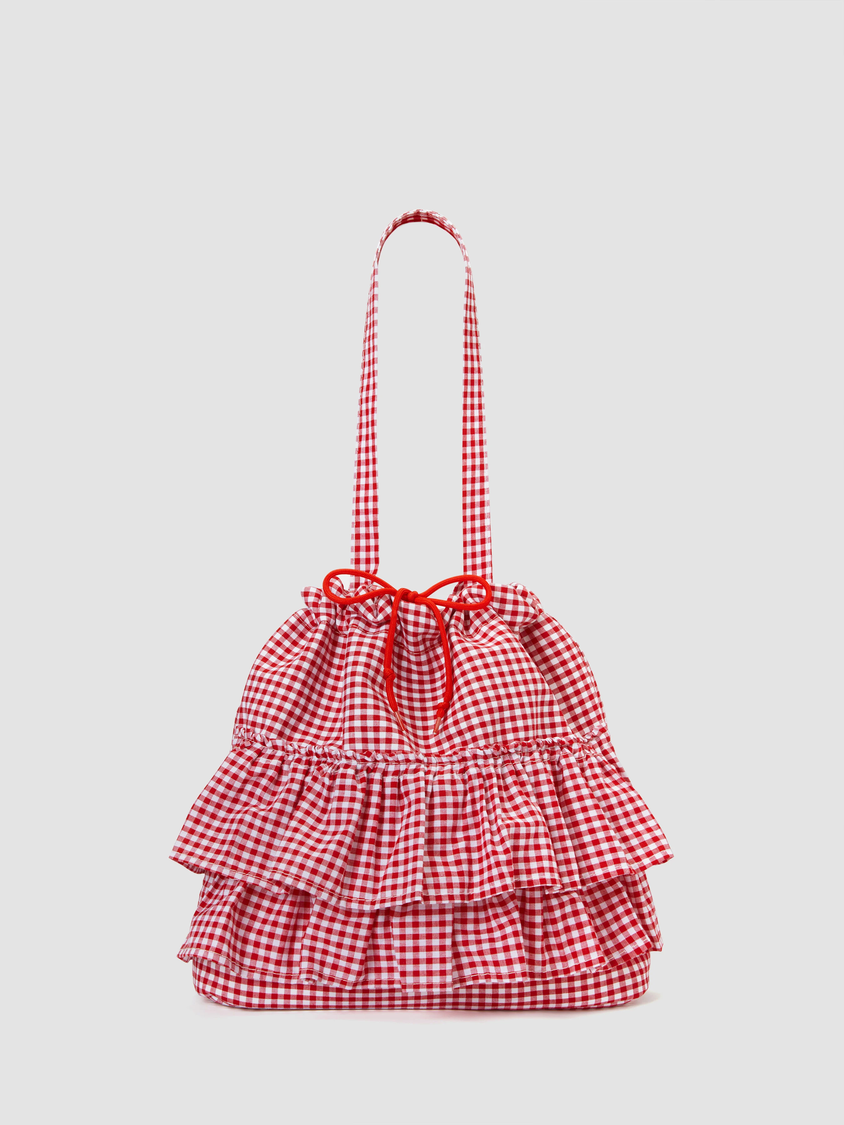 GINGHAM DOUBLE LAYERED RUFFLE DRAWSTRING TOTE BAG | Cider