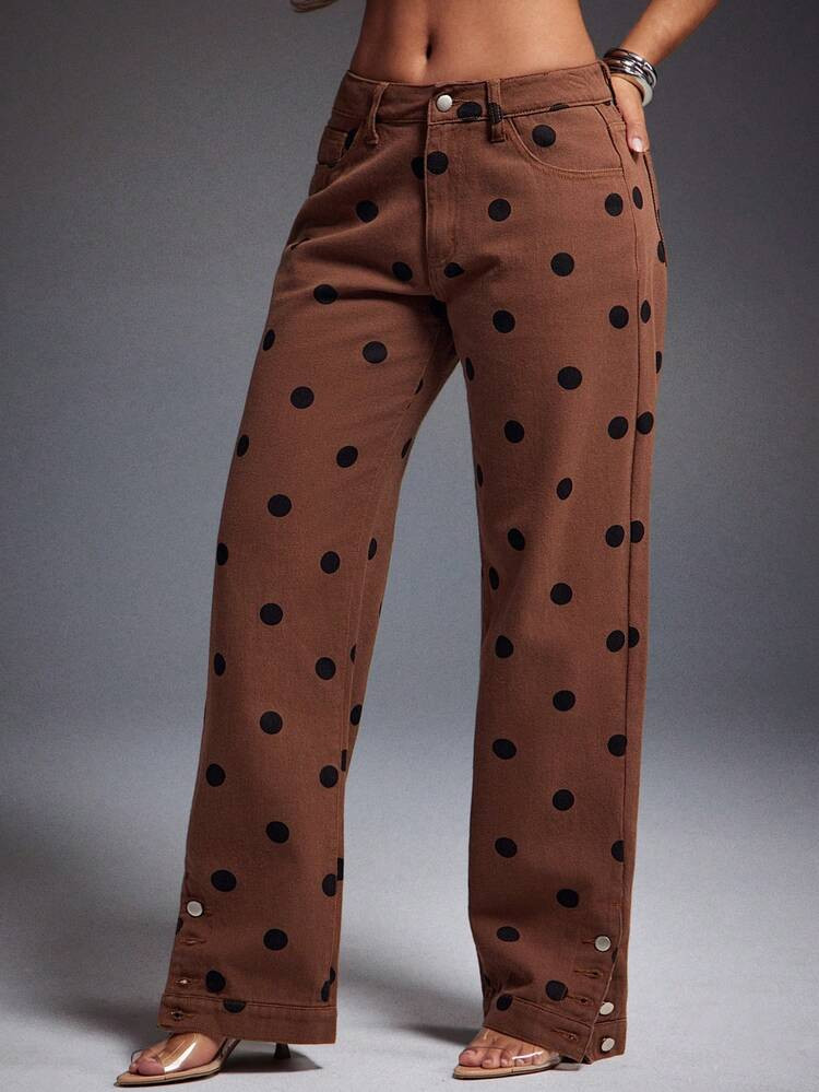 Denimoi Straight Let Button Detail Polka Dot Print Denim Jeans Fashionable Denim Brunch Outfits G... | SHEIN