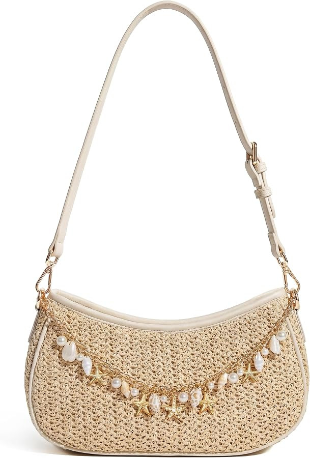Straw Shoulder Bag for Women Raffia Woven Summer Beach Shell Vacation Purse | Amazon (US)