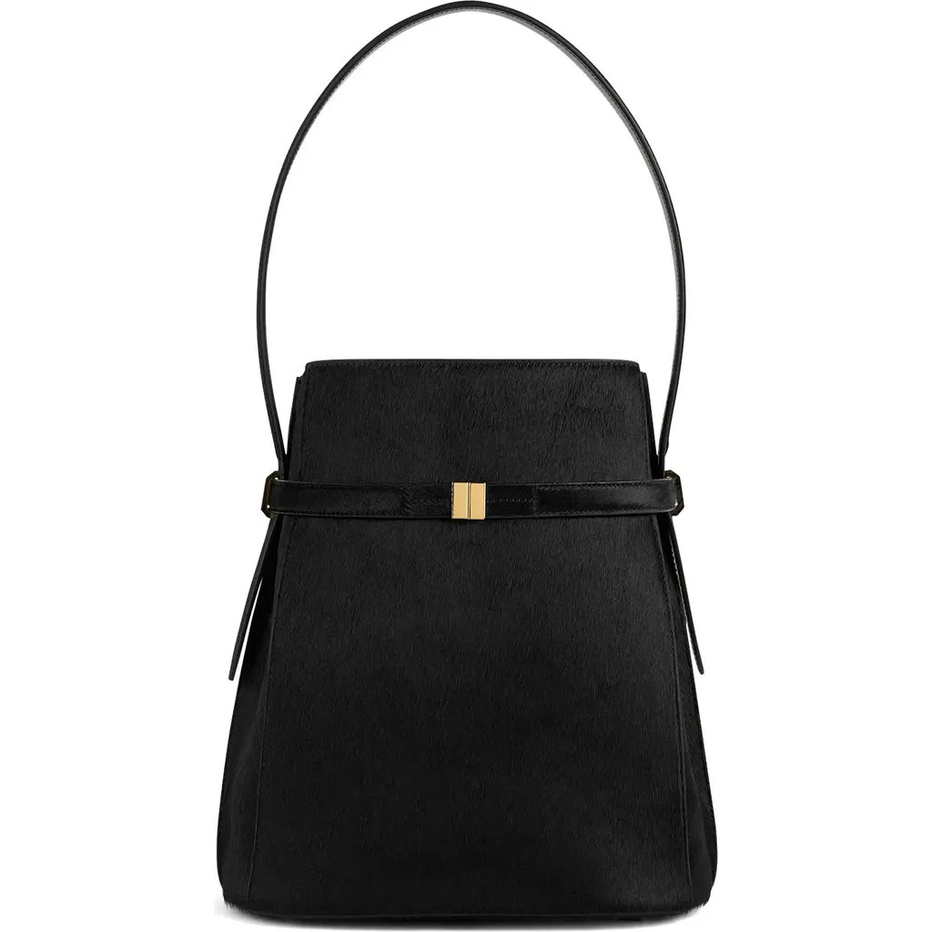 TOTEME Belted Genuine Calf Hair Bucket Bag in Black at Nordstrom | Nordstrom