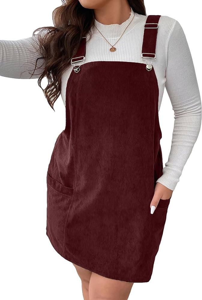 WDIRARA Women's Plus Size Corduroy Sleeveless Short Pinafore Overall Dress with Pocket | Amazon (US)
