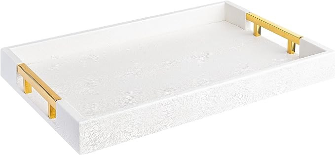 Modern Elegant 18"x12" Rectangle White Glossy Shagreen Decorative Serving Tray with Gold Polished... | Amazon (US)
