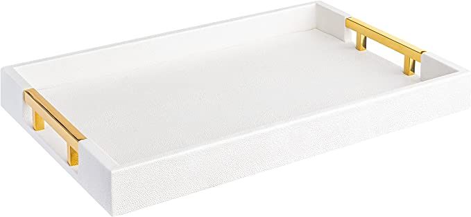 Modern Elegant 18"x12" Rectangle White Glossy Shagreen Decorative Serving Tray with Gold Polished... | Amazon (US)