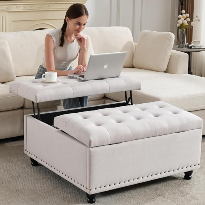 Large Square Storage Ottoman Bench, Tufted Upholstered Coffee Table with Lift Top & Solid Wood Le... | Amazon (US)