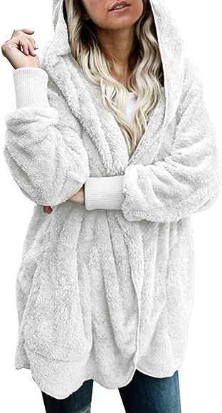 Dokotoo Womens Long Sleeve Solid Fuzzy Fleece Open Front Hooded Cardigans Jacket Coats Outwear with  | Amazon (US)