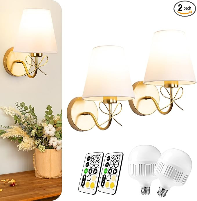 Battery Operated Wall Sconces Lights Set of Two Remote Control, Antique Brass Bow Sconces Recharg... | Amazon (US)