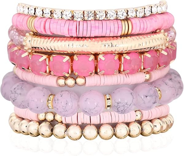 RIAH FASHION Multi Color Stretch Beaded Stackable Bracelets - Layering Bead Strand Statement Wrap... | Amazon (US)