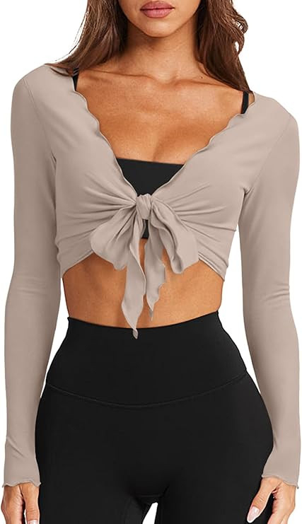 LASLULU Womens Tie Front Wrap Tops Long Sleeve Bolero Shrugs Crop Cardigan Yoga Ballet Cover up T... | Amazon (US)