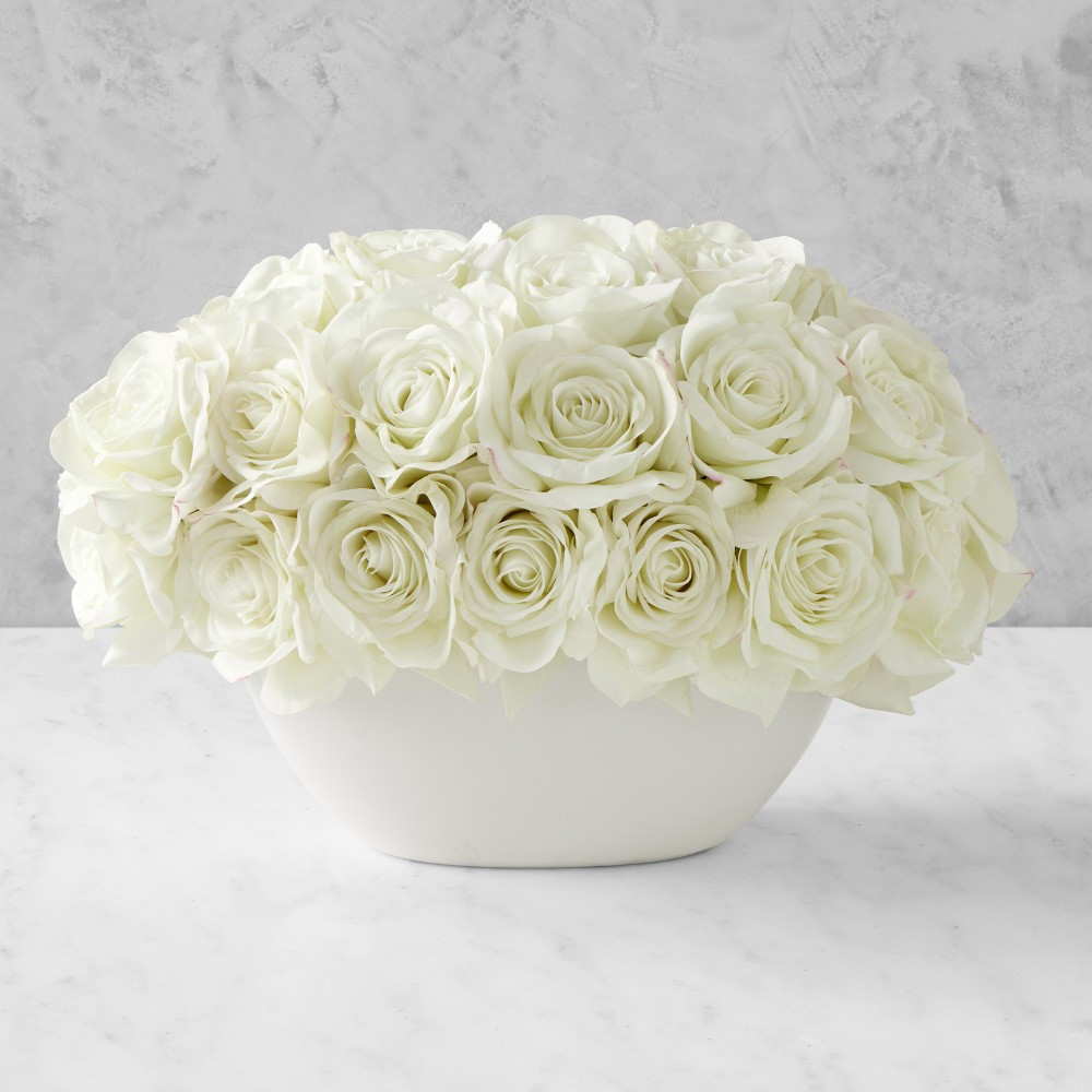 Jeff Leatham x Williams Sonoma Real Touch Faux White Roses in Oval Bowl | Williams-Sonoma