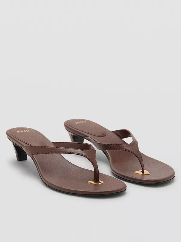 Mango Thong Toe Kitten Heel Sandals - Dark Brown | Very (UK)
