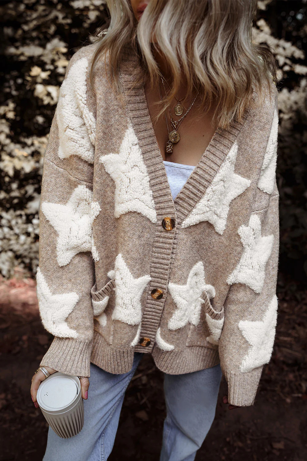 Sherpa Star Cardigan M - 8/10 / Khaki / 42%Acrylic+30%Polyester+28%Polyamide | Casual Chic Boutique