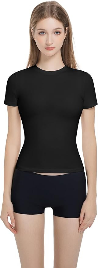 Women’s Fitted Crew Neck T-Shirt Stretchy Cotton Y2K Short Sleeve Tees for Workout Basic Tees G... | Amazon (US)