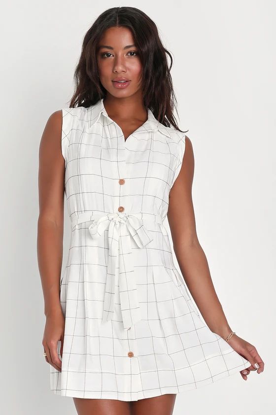 Adorably Breezy Ivory Grid Print Button-Front Mini Dress | Lulus (US)