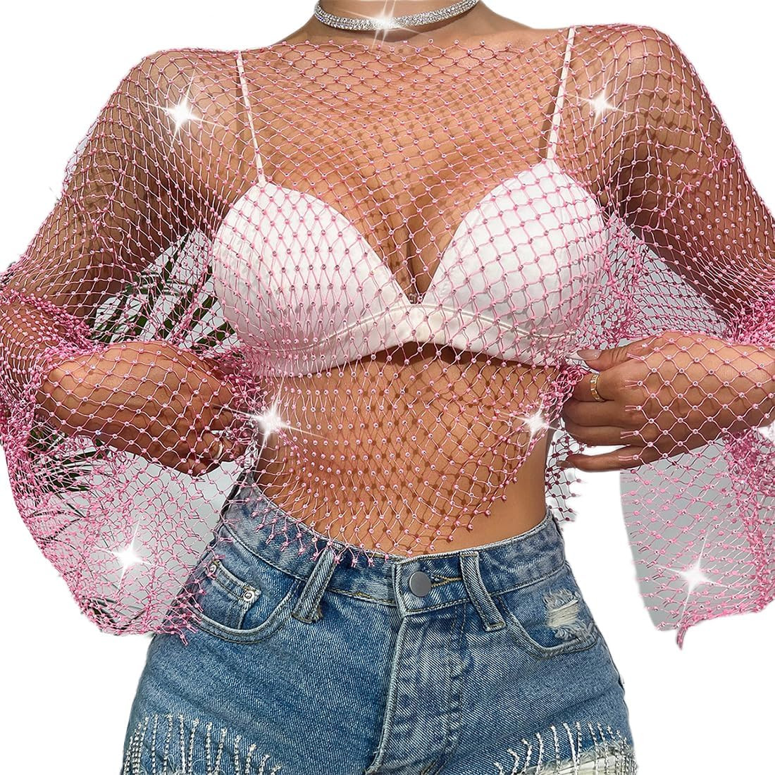 ABAFIP Women's Sparkly Rhinestone Crop Top Long Sleeve Mesh Bikini Cover up Fishnet Shirts Rave T... | Amazon (US)