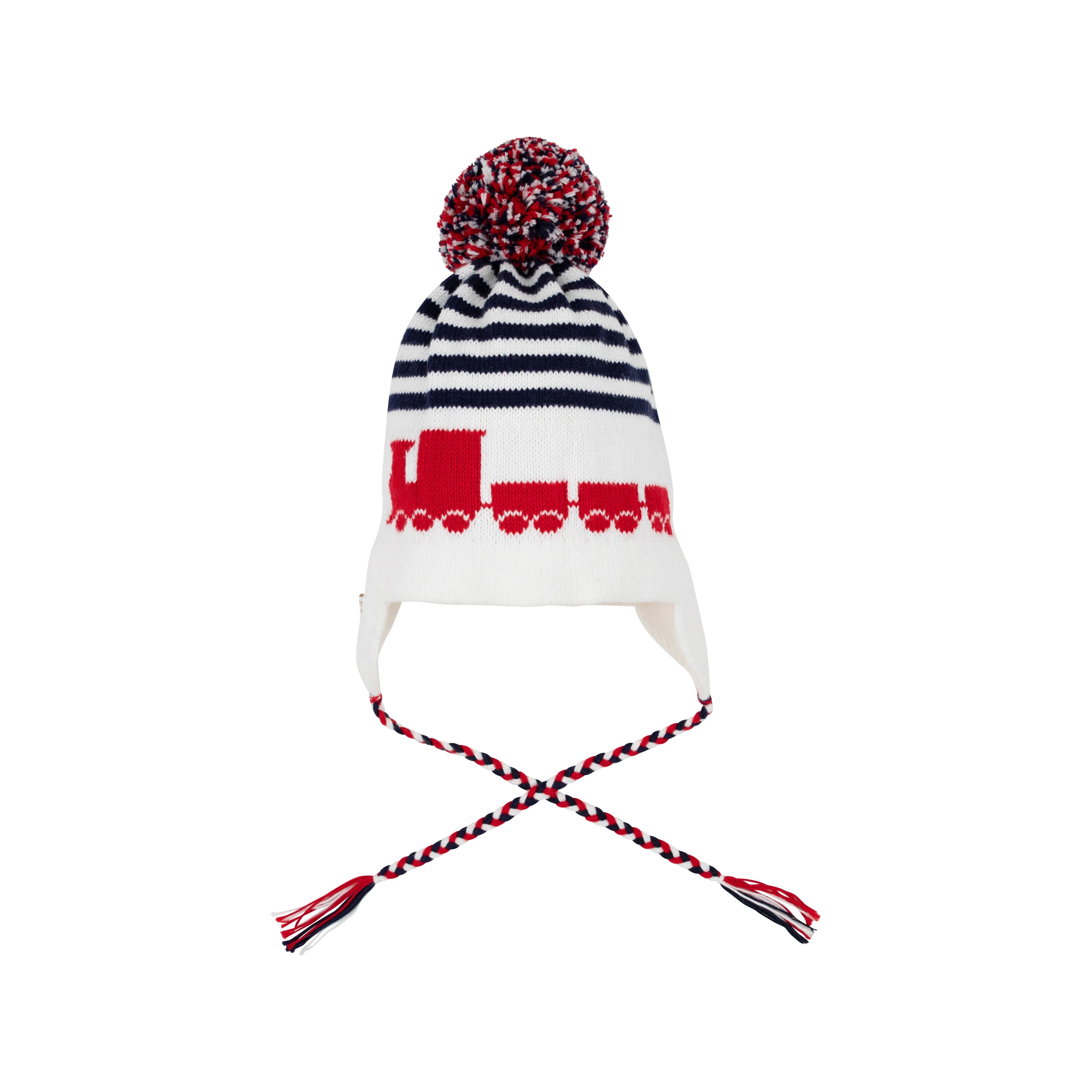 Parrish Pom Pom Hat - Worth Avenue White with Nantucket Navy & Trains | The Beaufort Bonnet Company