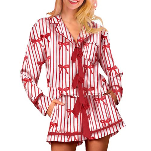 VISGOGO Valentine Pajamas Women Valentines Pajama Set Long Sleeve Tops With Short Pants 2 Piece Button-up Sleepwear (Striped Bow, S) | Amazon (US)