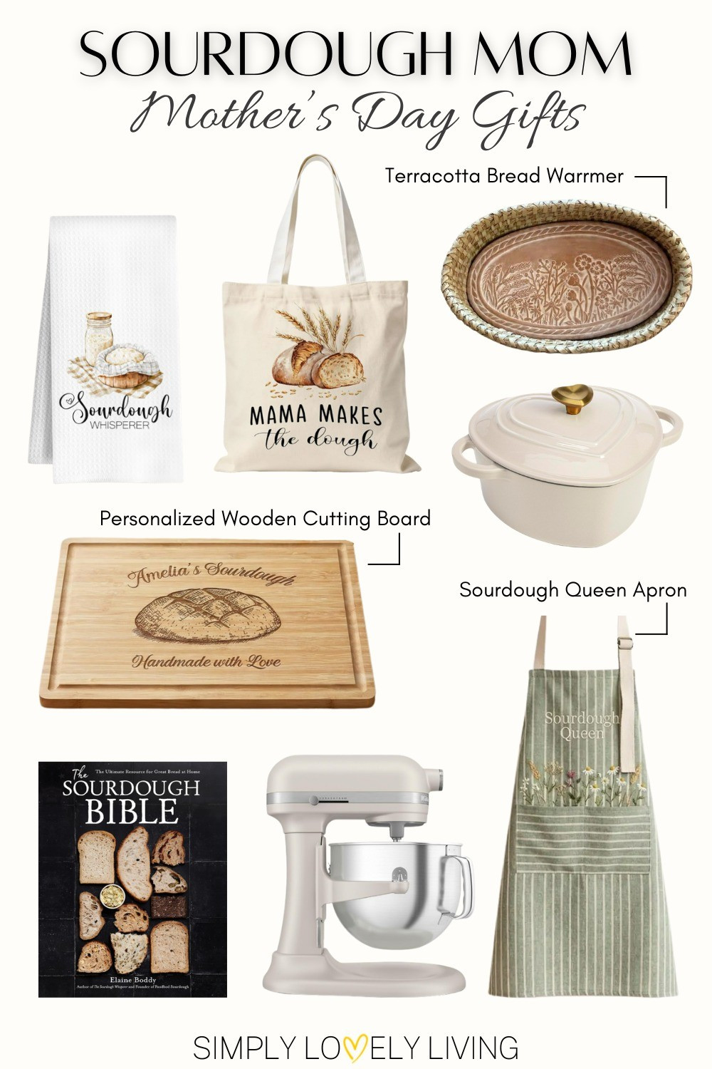 Sourdough Mom - Mother's Day gifts. Terracotta bread warmer. Sourdough whisperer tote bag. Sourdough towel. Personalized wooden cutting board. Sourdough queen apron. Kitchen Aid stand mixer with lift. Sourdough bible. #LTKfinds #mothersday

#LTKMothersDay #LTKOver40 #LTKmomlife
