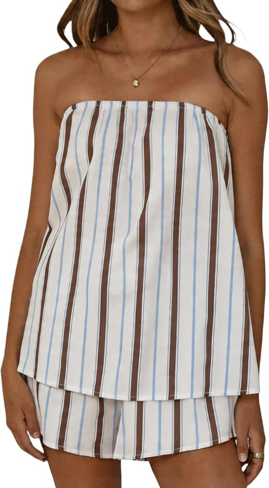 Womens Striped Tube Top Shorts Set Y2K Summer Vacation Going Out Outfit | Amazon (US)