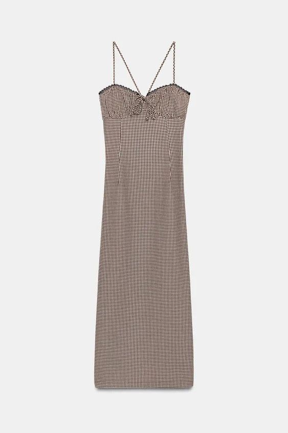 Model height: 177 cmStraight-neckline dress with lace trim, gathering and bow detail. Features th... | Zara UK