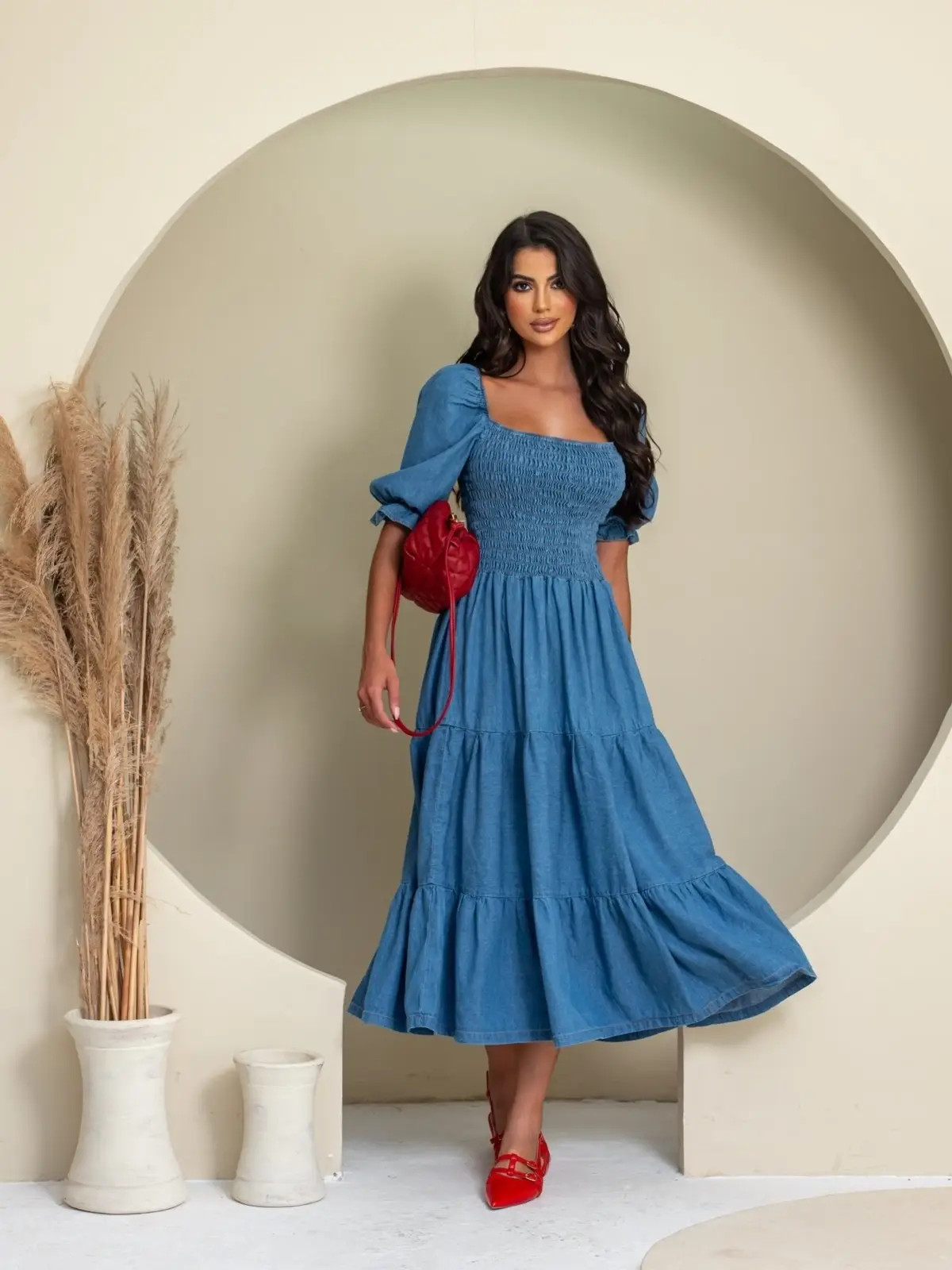 Vestido Midi Sisal Jeans C/ Manga 3/4 e Corpo de Lastex Azul Escuro | Dafiti (BR)