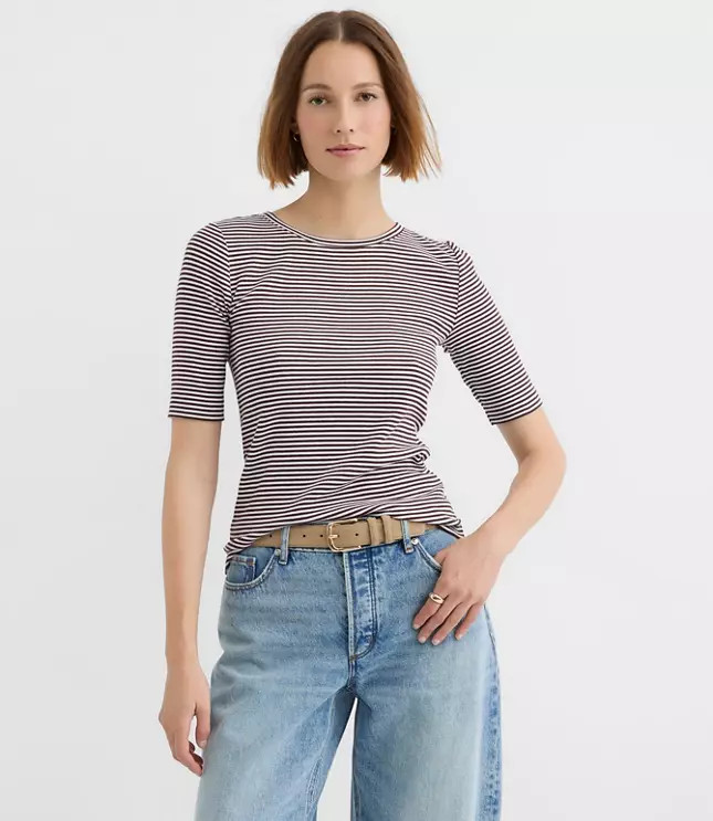 Stripe Perfect Ribbed Elbow Sleeve Tee | LOFT