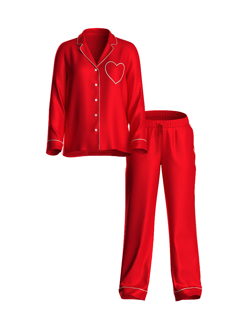 Buy Glazed Satin Heart Long Pajama Set, Bright Vermillion W Heart Pocket - Order Pajamas Sets onl... | Victoria's Secret (US / CA )
