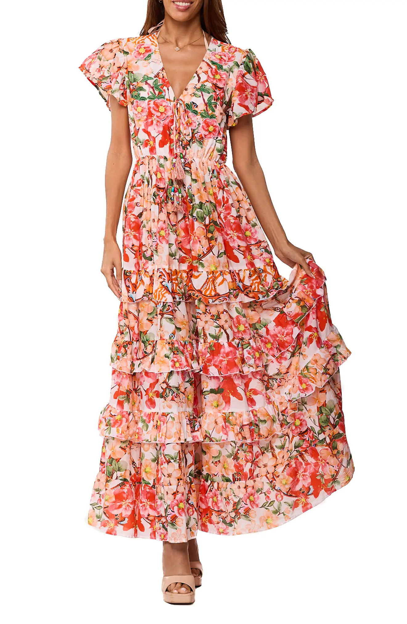 Floral Cap Sleeve Tiered Ruffle Maxi Dress (Women) | Nordstromrack | Nordstrom Rack