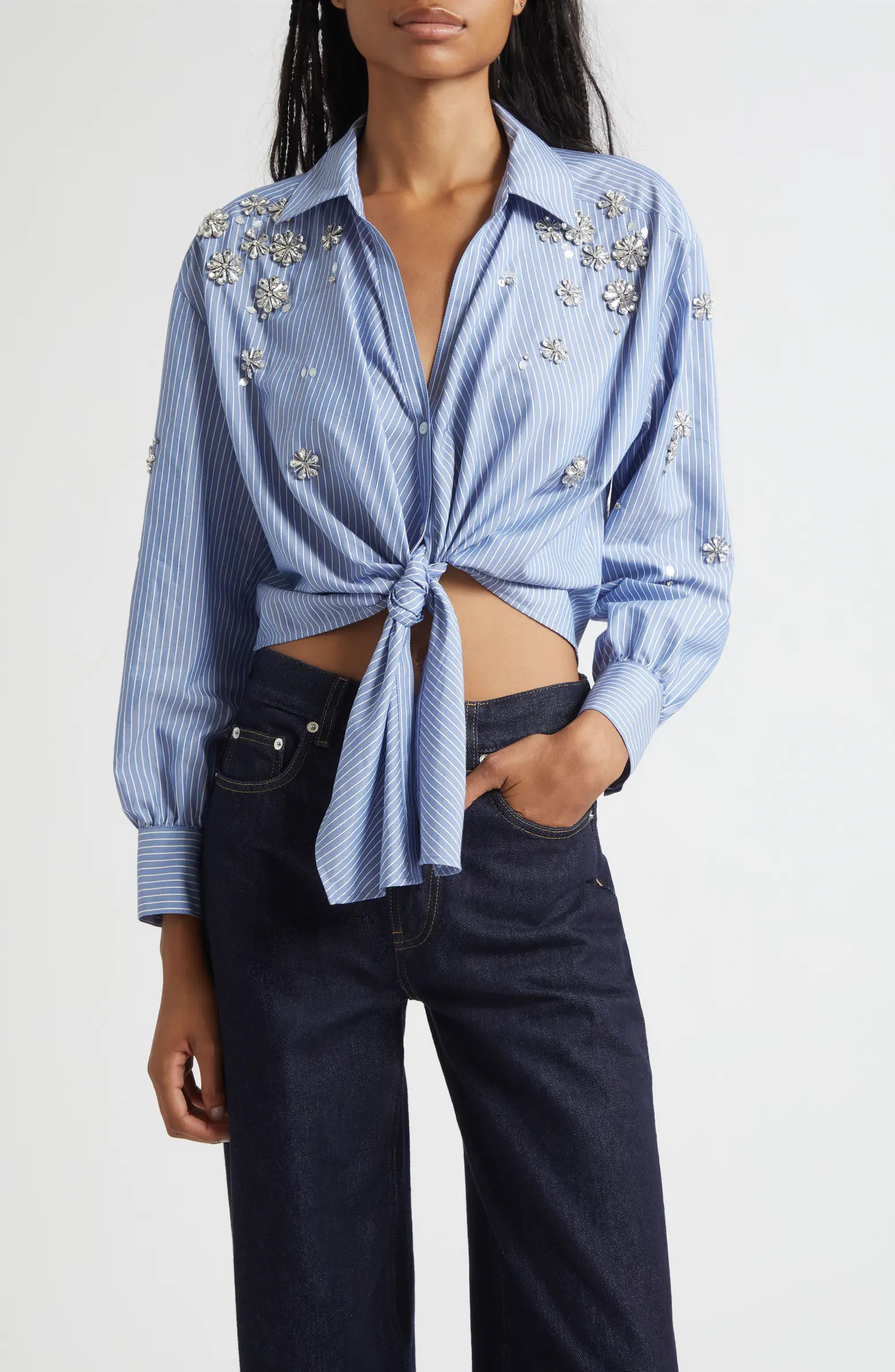 Lola Stripe Rhinestone Embellished Tie Front Button-Up Shirt | Nordstrom