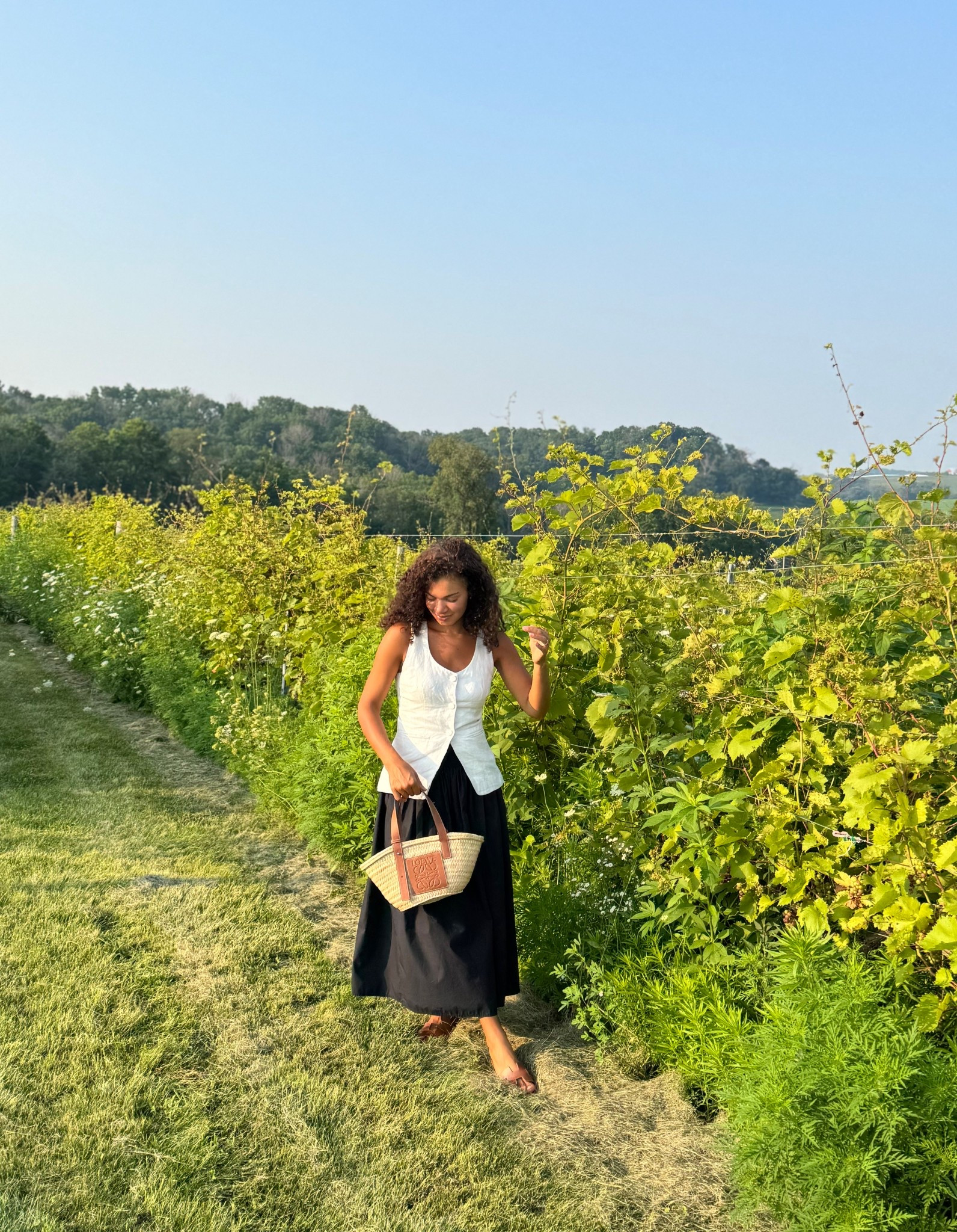 Outfit idea for dinner or a winery: white vest, black midi skirt, sandals, straw bag 

#LTKStyleTip #LTKSeasonal