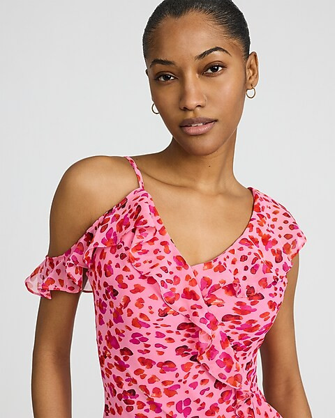 Printed V-Neck Flutter Sleeve Ruffle Surplice Maxi Dress | Express