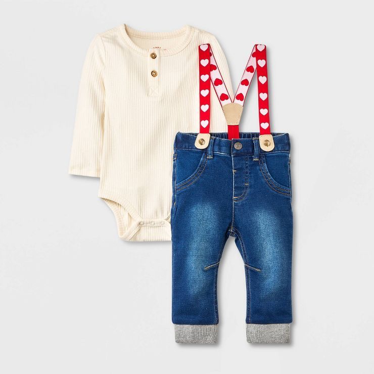Baby Boys' Valentine's Day Denim Heart Suspender Set - Cat & Jack™ Cream | Target