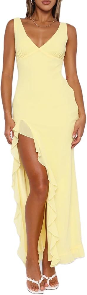 Women's Ruffle Maxi Dress Summer Y2k Sexy V Neck Backless Side High Split Hem Party Cocktail Maxi... | Amazon (US)