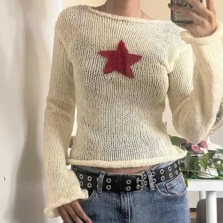 Boat Neck Star Patterned Crochet Sweater | YesStyle Global
