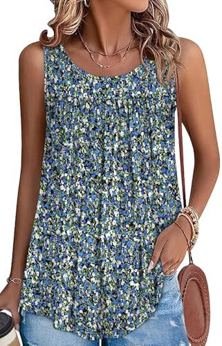 WEESO Tank Top for Women Summer Sleeveless Pleated Crewneck T Shirts Dressy Casual Beach Vacation... | Amazon (US)