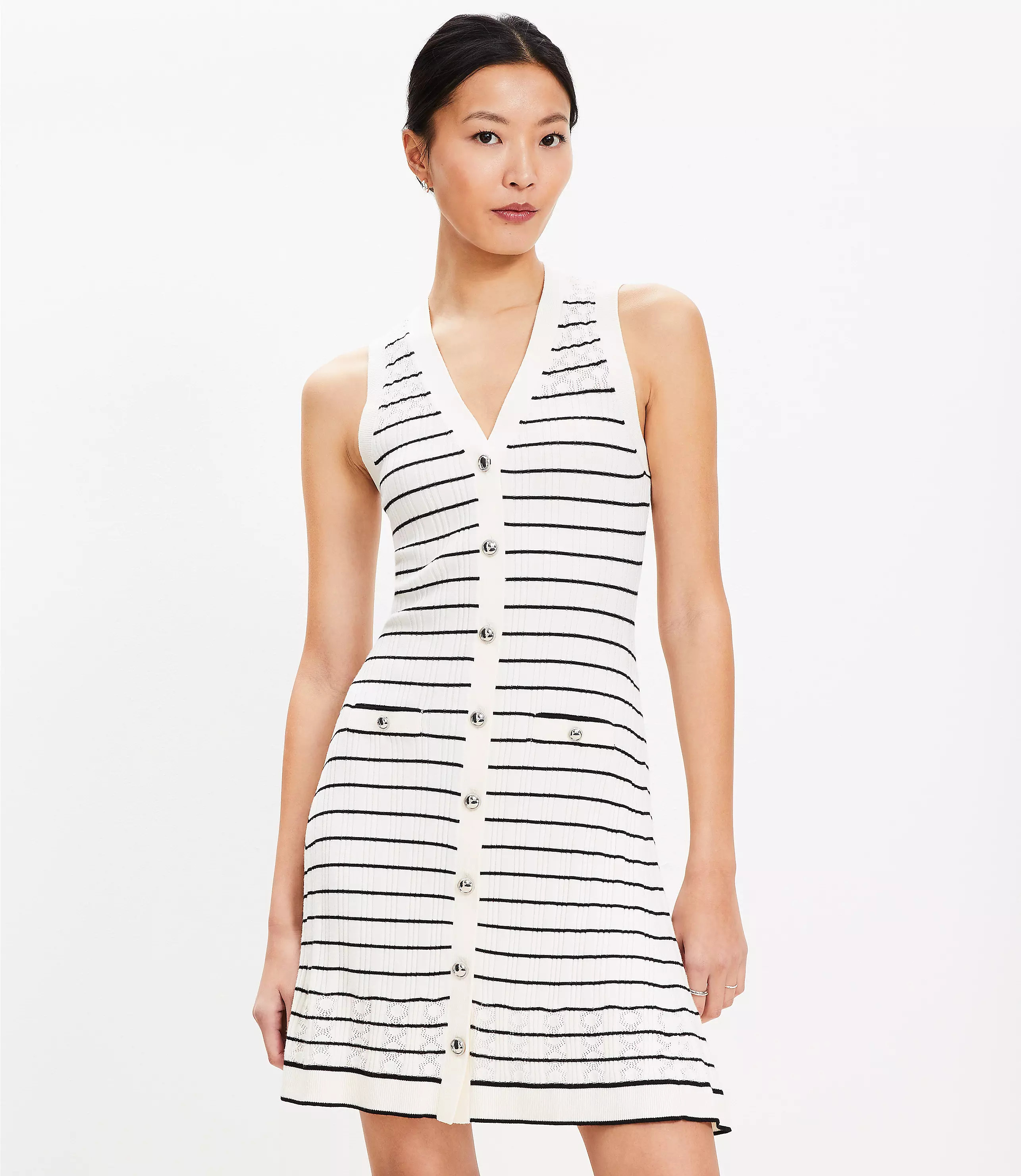 Striped Pointelle Button Mini Sweater Dress | LOFT