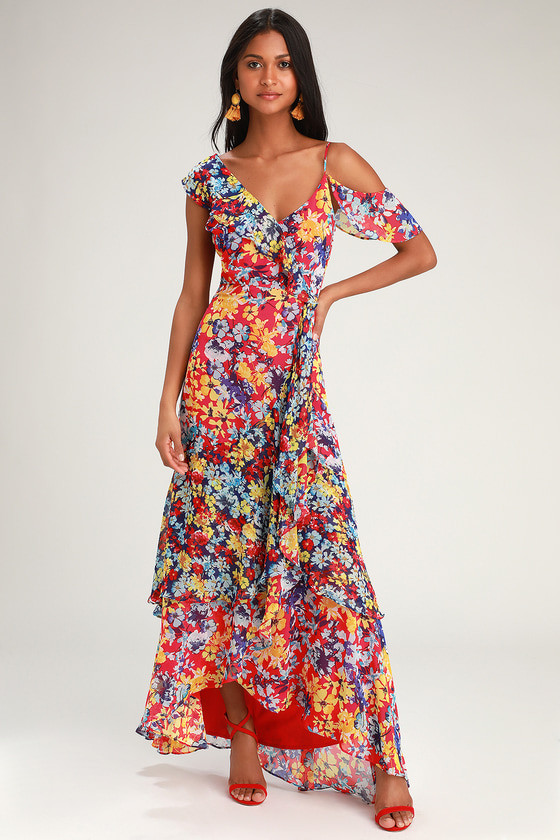 Radiant Ruby Red Floral Print Chiffon Maxi Dress | Lulus