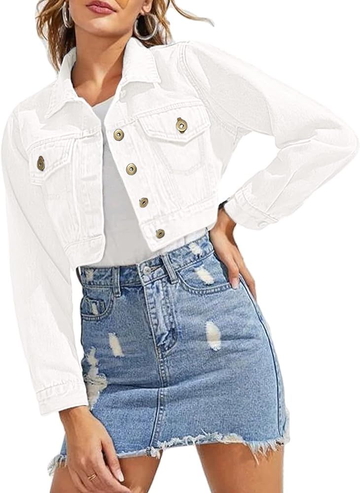 Grabsa Women's Button Down Long Sleeve Cropped Denim Jean Jacket with Pockets | Amazon (US)