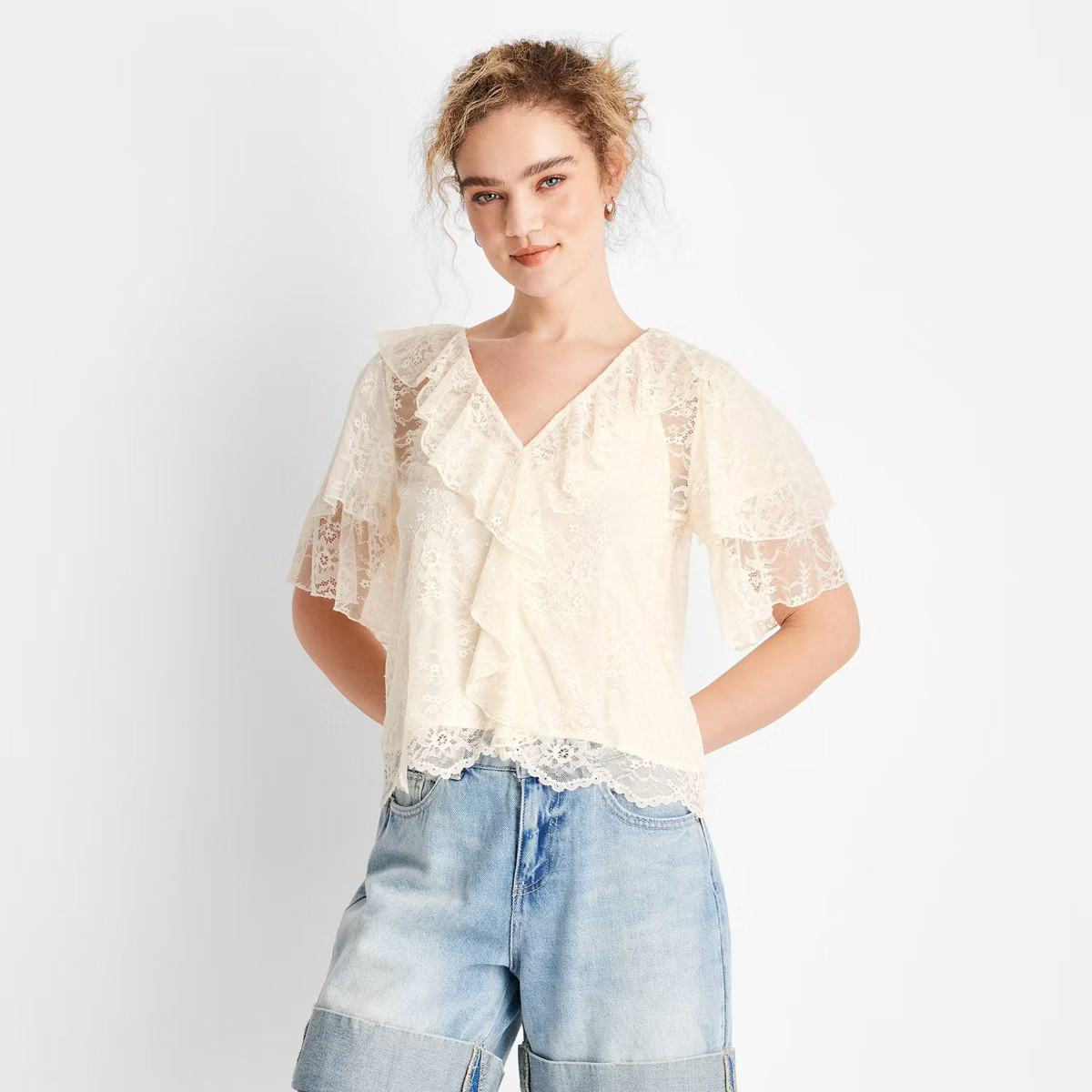 Women's Short Sleeve V-Neck Lace Blouse - Future Collective Cream | Target