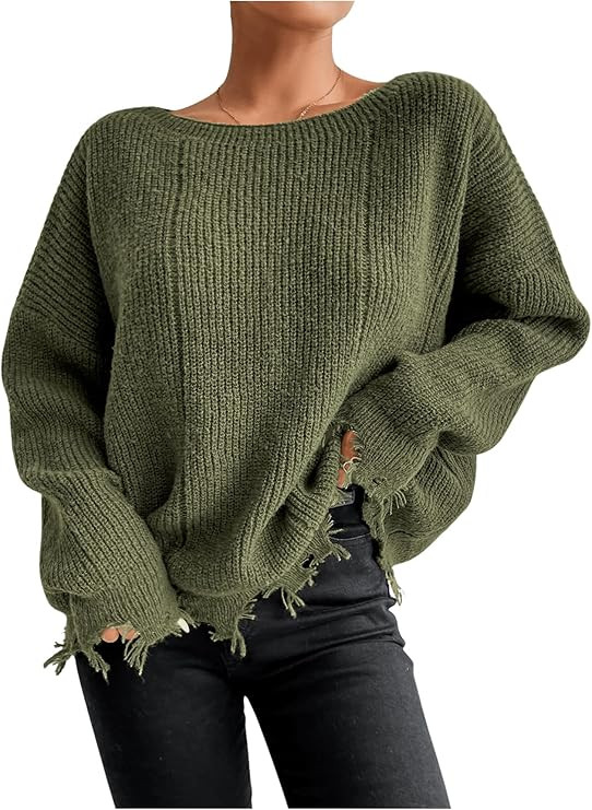 SHENHE Women's Oversized Distressed Sweater Boat Neck Long Sleeve Knit Sweater Pullover Top | Amazon (US)