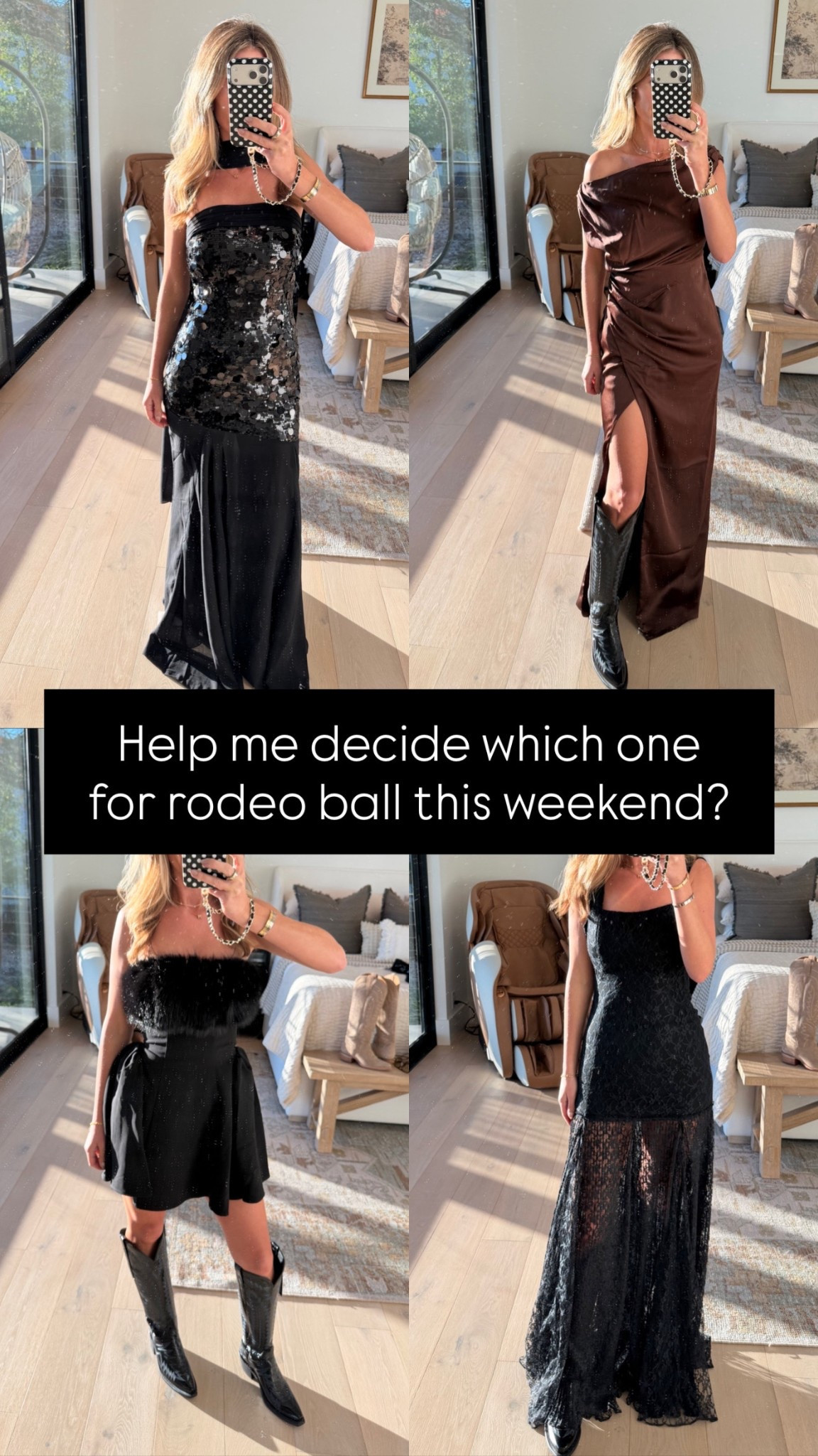 Help me decide what to wear to the rodeo ball this weekend! #FWSSR #Rodeo #Rodeoball #FWRD #Revolve #Lucchese

#LTKootd #LTKPetite #LTKOver40