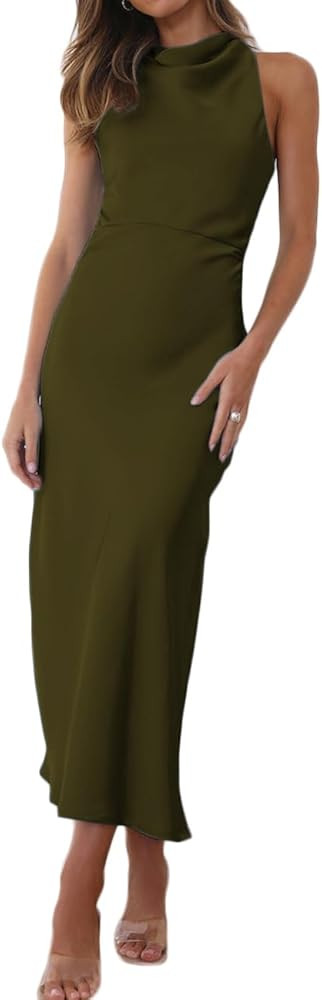 Halfisland Satin High Neck Backless Sleeveless Midi Dresses for Women Elegant Mock Neck High Wais... | Amazon (US)