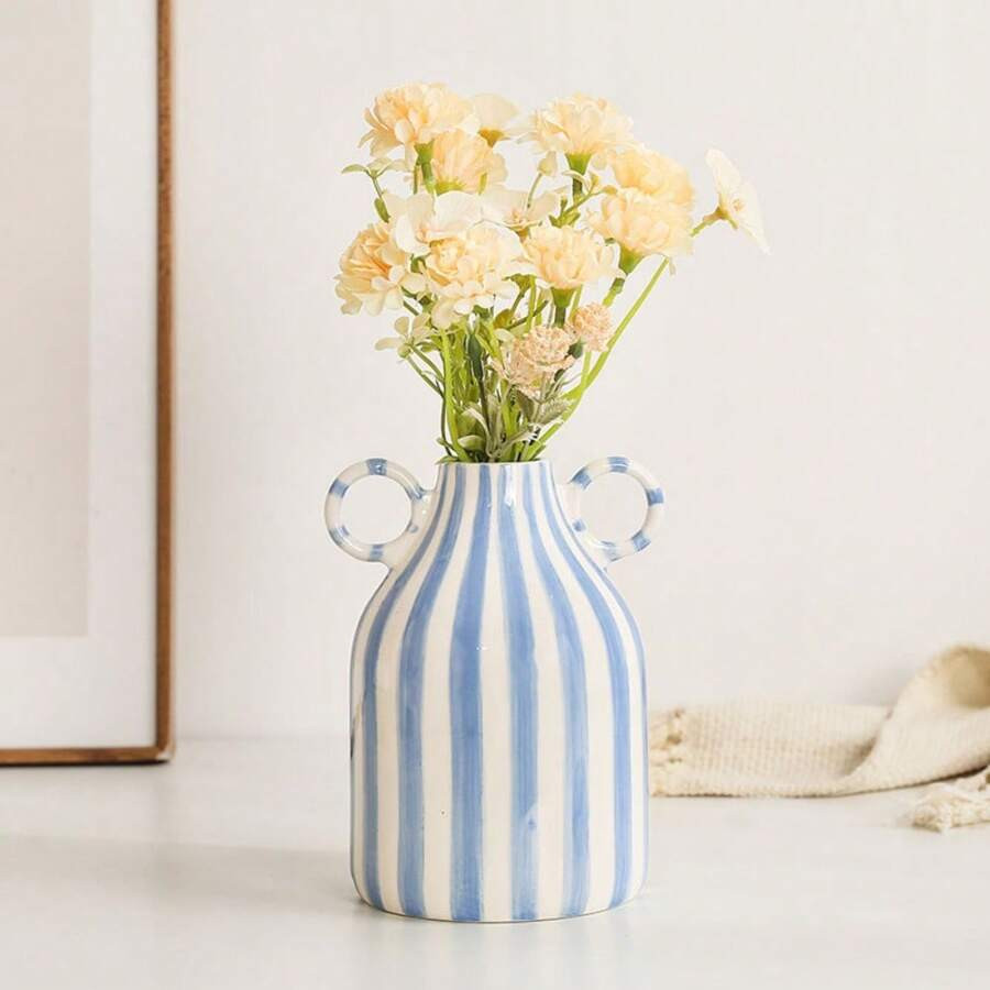 1pc Exquisite Hand-Painted Ceramic Vase - Unique Double-Eared Stripes Niche Design, Material - Pe... | SHEIN
