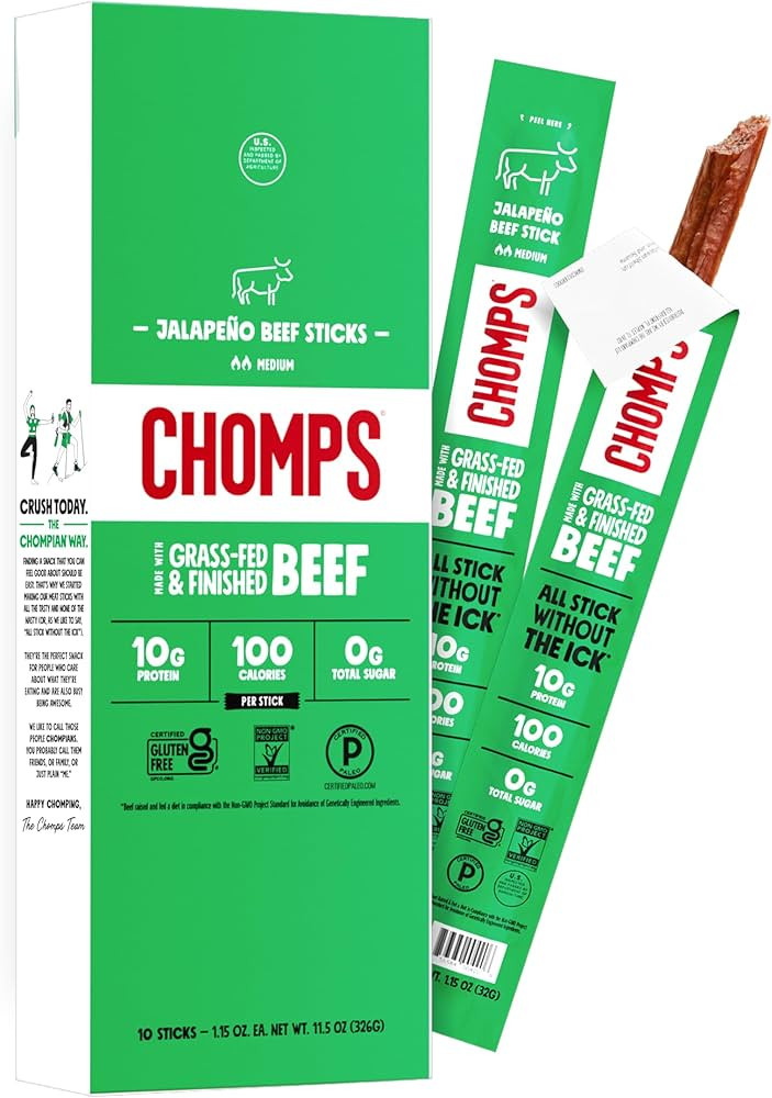 Chomps Grass-Fed and Finished Jalape\u00f1o Beef Jerky Snack Sticks 10-Pack - Keto, Paleo, Whole3... | Amazon (US)